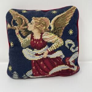 Tapestry Throw Pillow Angel With Horn Blue Red Velvet Backing Vintage Christmas